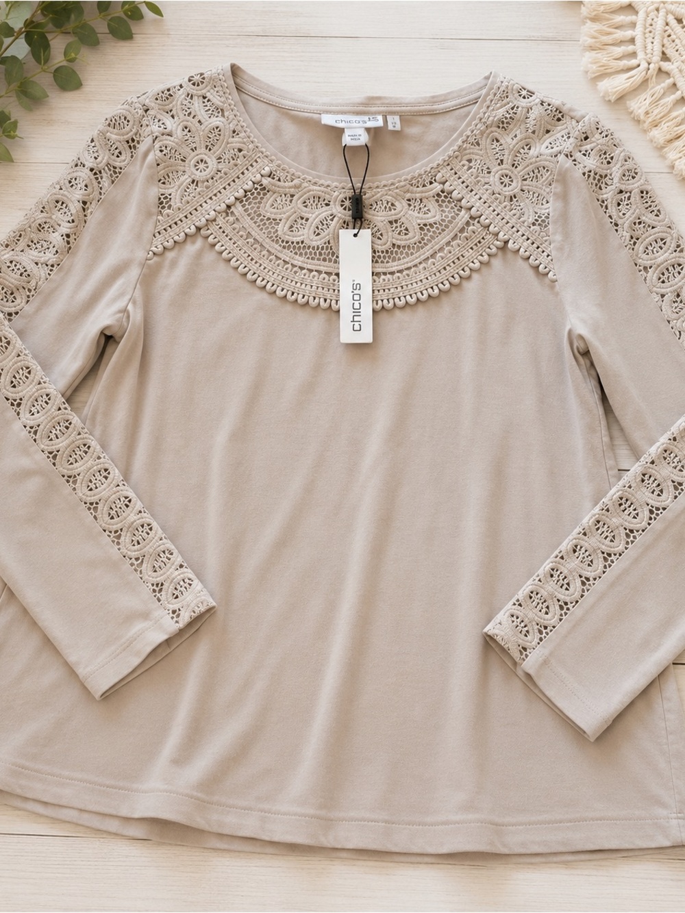 NWT Chico’s Lace Yoke Knit Top Natural Taupe Color | Size 1 (US Medium)
